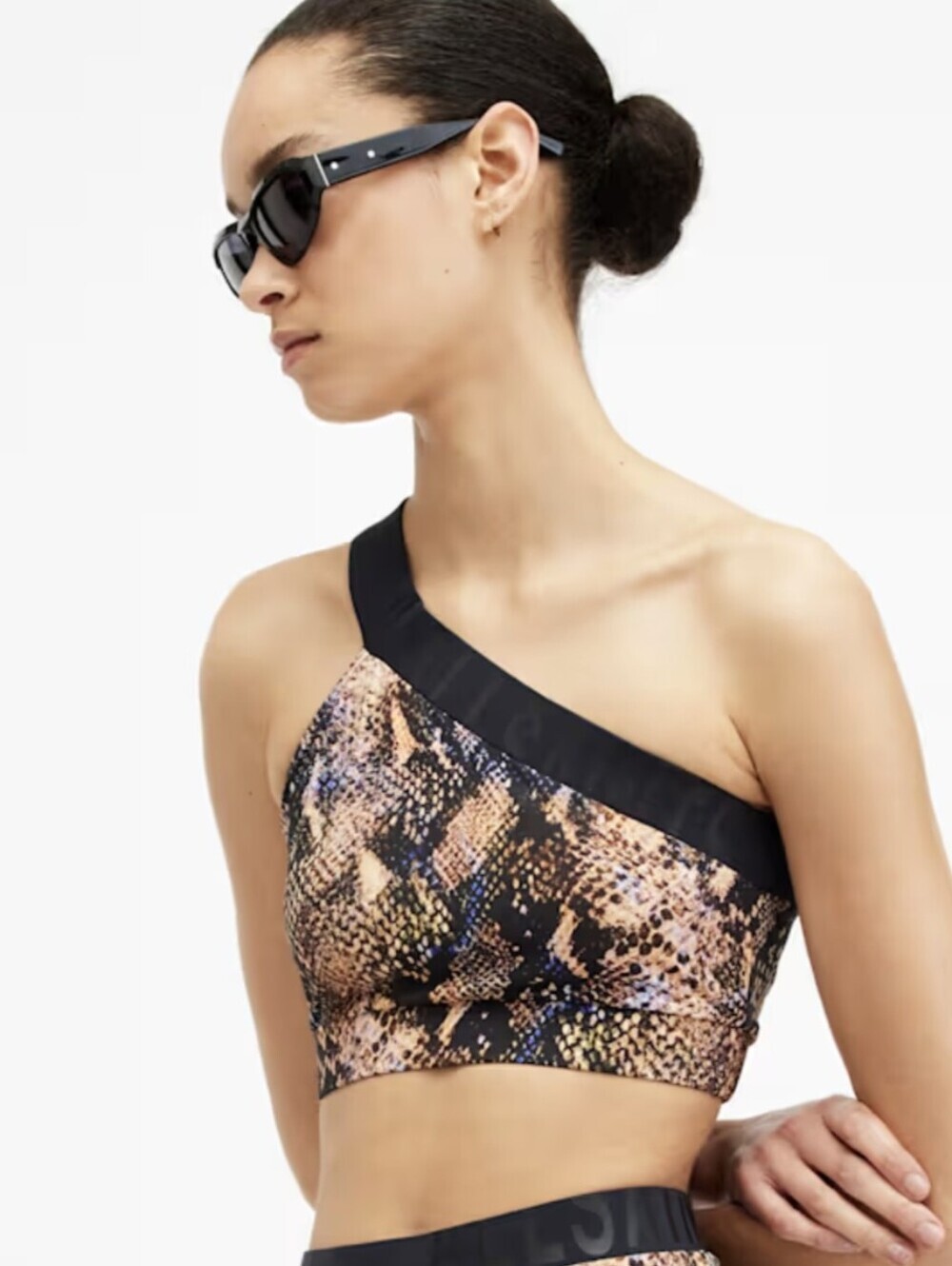 AllSaints Dara Aysymetric Swim Top Snake Print Logo band High Neck Sz M Chic